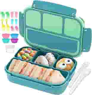 Lancheira Bento Box QQKO para Crianças e Adultos, Lancheira Escolar Infantil, Recipientes com 4 Compartimentos, Pote para Molhos, Talheres, Palitos para Comida e Forminhas para Muffins, Verde