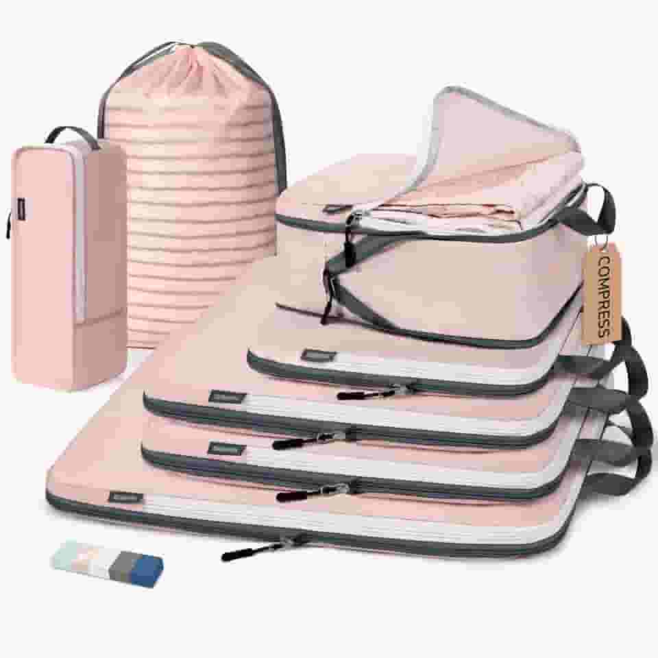 CherryNow Cubos de compressão, 7 conjuntos de organizadores de mala para viagem, itens essenciais de viagem para mala, bolsas organizadoras de bagagem para viagem, rosa