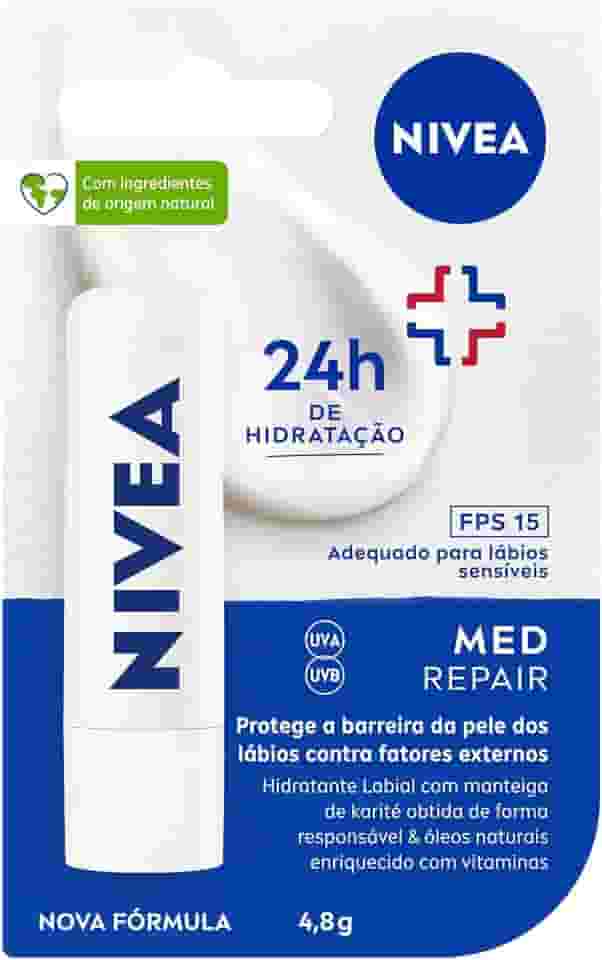 NIVEA Protetor Labial Med Repair FPS15 4,8g - Hidrata e regenera os lábios ressecados e machucados, com Vitamina E e óleos naturais, proporciona reparação intensiva e alívio imediato
