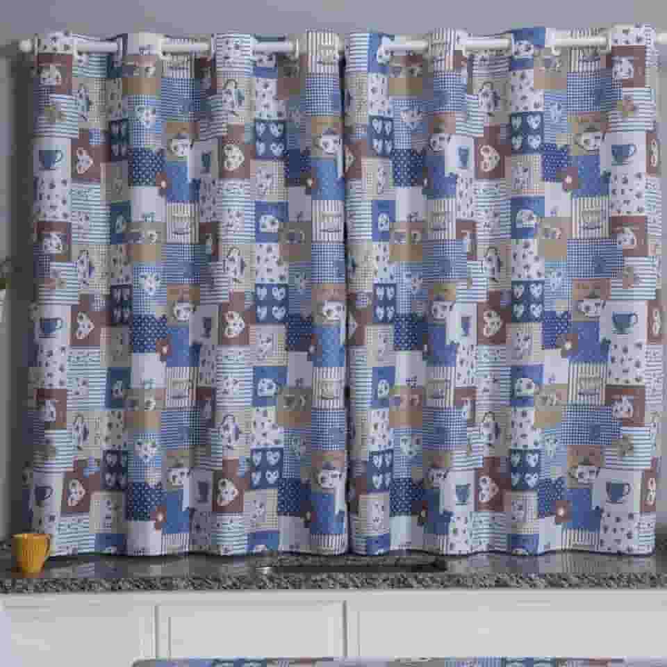 Cortina Cozinha Oxford 2,00x1,40 Estampada Cappuccino Janela Vitrô Ilhós Blackout Blecaute Decorativa Poliéster Varão (Bule Azul)