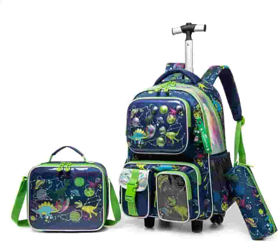 Kit Escolar Infantil com Mochila de Rodinha, Lancheira e Estojo, 3 Peças (Dinossauro Espacial)