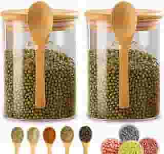 Kit 2 Potes de Vidro Porta-mantimentos 450ml com Tampa de Bambu Hermética, Colher Acoplada e Bandeja, Frascos Recipiente Para Armazenar Café, Açúcar, Temperos, Organização de Cozinha Minimalista