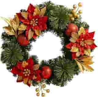 Guirlanda de Natal com Enfeites Flores 40cm Decoração Luxo (Vermelha e Dourada)