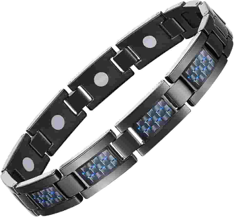 Pulseiras magnéticas masculinas, pulseiras magnéticas de aço inoxidável com fibra de carbono azul exclusiva e ímãs poderosos de 3500 gauss, ajustáveis com ferramenta de dimensionamento