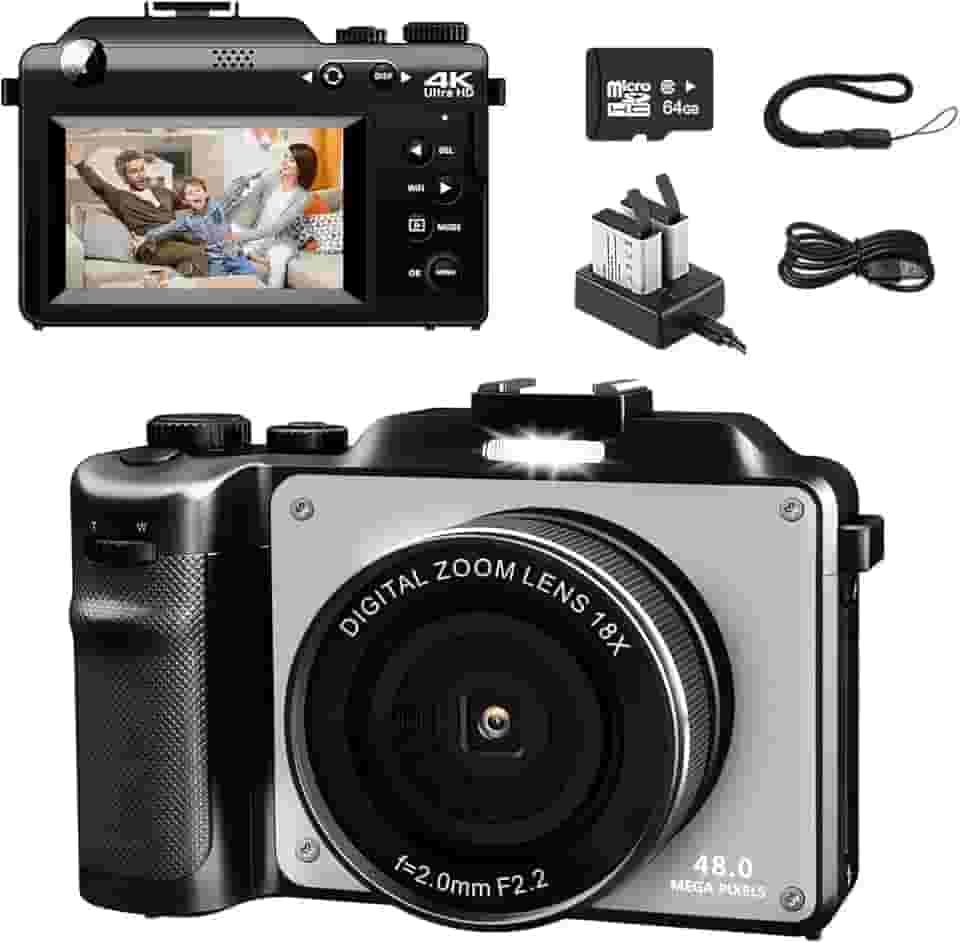 Câmera Digital 4K para Fotografia, Câmera Vlogging de 48 MP para YouTube, cartão TF de 64 GB, tela LCD de 3", antirvibração, zoom digital de 18x, câmeras digitais compactas para viagens/adolescentes