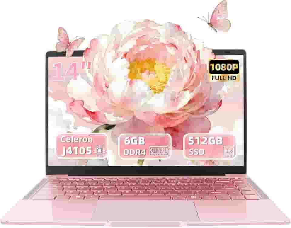 Laptop em ouro rosa de 14 polegadas, processador quad-core J4105, tela FHD IPS, 6 GB de RAM 512 GB SSD, PC Win 11 Pro, notebook ultraleve para viagens, aulas online, trabalho e estudo