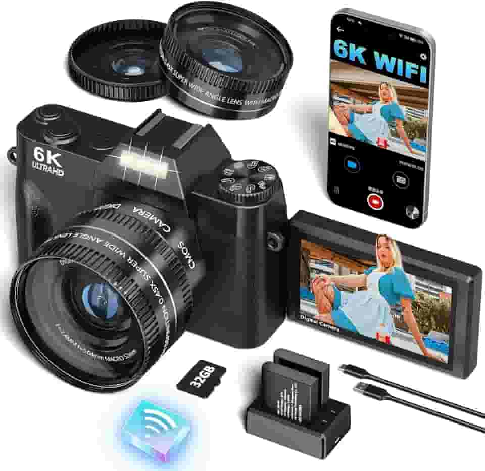 VJIANGER Câmera Digital 6K Para Fotografia, Atualização 2025, 64 Mp, Vlogs, Youtube, Com Wi-Fi, Tela Giratória De 180°, Zoom 16X, Lente 52 Mm, Cartão Micro Sd 32 Gb, 2 Baterias (Preta)
