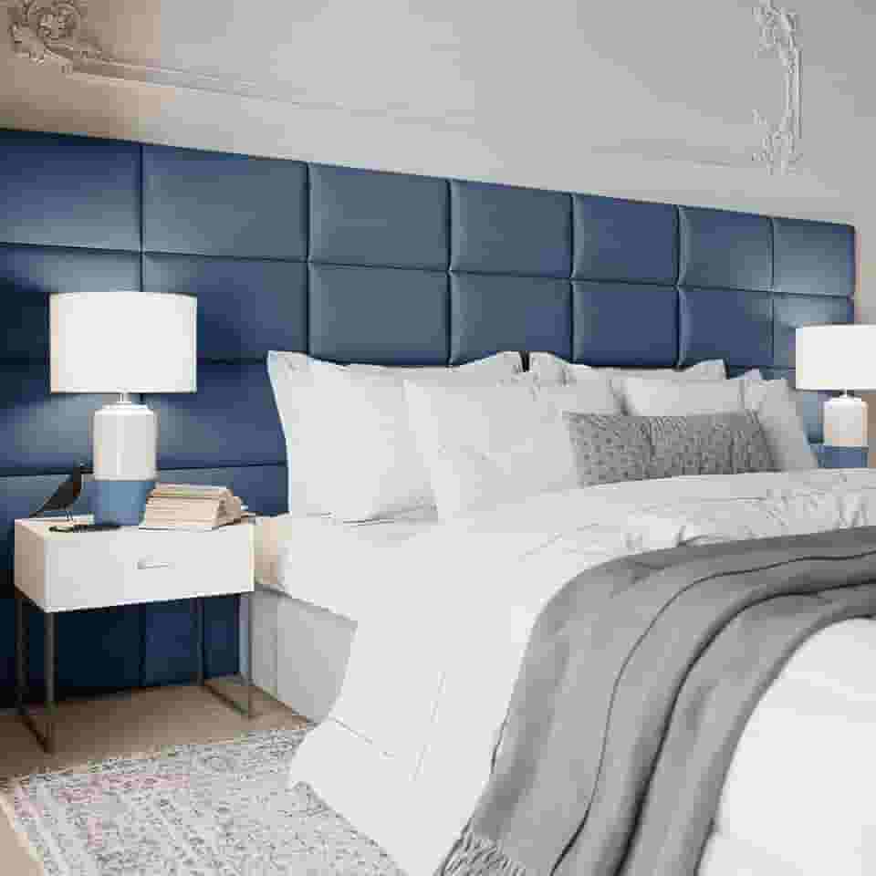 Kit Cabeceiras Estofada Modular Para Cama Solteiro Casal King ou Super King Painel Módulos Adesivos (Azul, Queen (180X40cm))