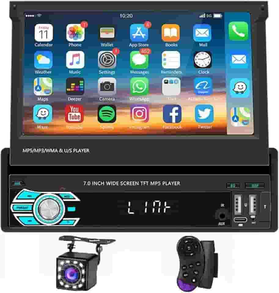 Central Multimidia Automotivo Tela Sensível ao Toque Retrátil de 7 Polegadas com Android Auto, CarPlay, Bluetooth e Câmera - Ideal para Dirigir com Segurança e Entretenimento em Viagens