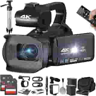 eDealz Câmera De Vídeo Hd 4K 64Mp, Filmadora Para Vlogs E Vídeos Do Youtube, 60 Fps, Zoom 18X, Wi-Fi, Webcam, Microfone, 2 Cartões Sd 64 Gb, Tripé, Luz Led, Capa, Leitor Cartão, Baterias, Carregador