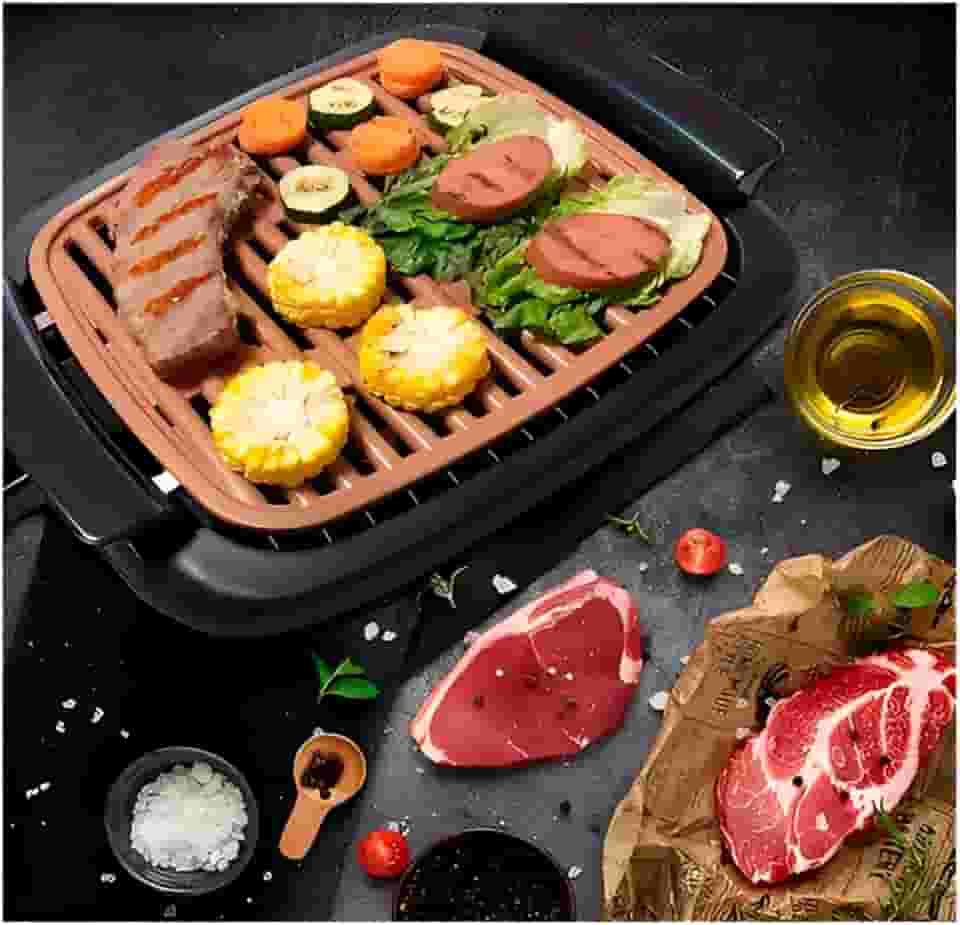 Churrasqueira Elétrica 110V Sem Fumaça Portátil por Indução – Grill Antiaderente 1500W para Carnes, Peixes e Legumes, Aquecimento Rápido, Design Compacto, Fácil Limpeza para Cozinha ou Varanda