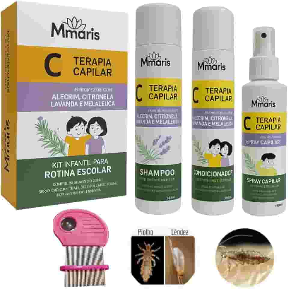 Kit Shampoo Piolhos E Lêndeas Condicionador Spray Capilar Creme De Pentear Terapia Capilar + Pente Fino De Ferro Aço Inox Cor Rosa