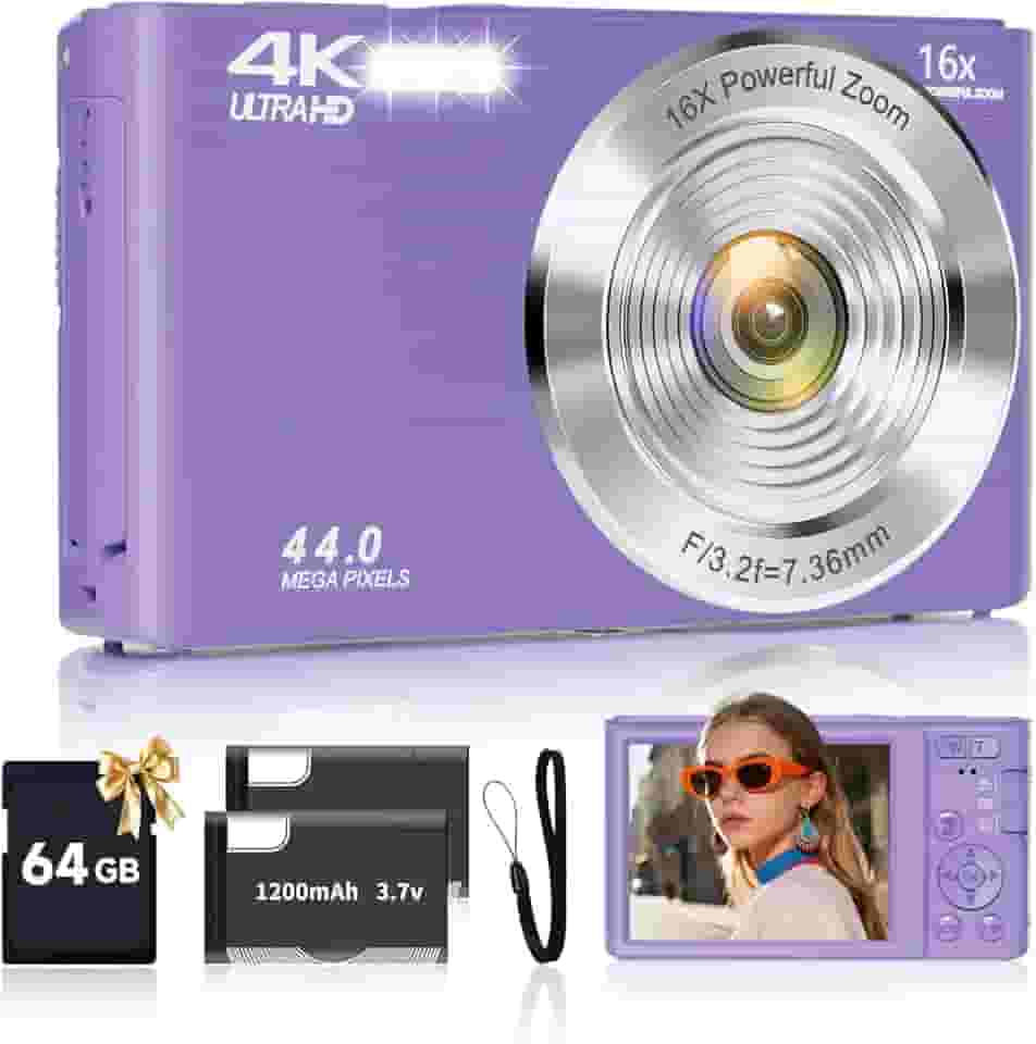Câmera Digital Roxa FHD 4K 44MP com Cartão SD de 64 GB, Zoom Digital de 16x, Câmera para Adolescentes e Crianças