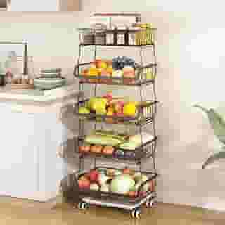 Fruteira De Chão Cozinha 5 Andar 5 Níveis Metal Preto, Carrinho Organizador de Cozinha de 5 Níveis com Rodas de Bloqueio, Ideal para Cebolas, Batatas, Carrinhos Organizadores