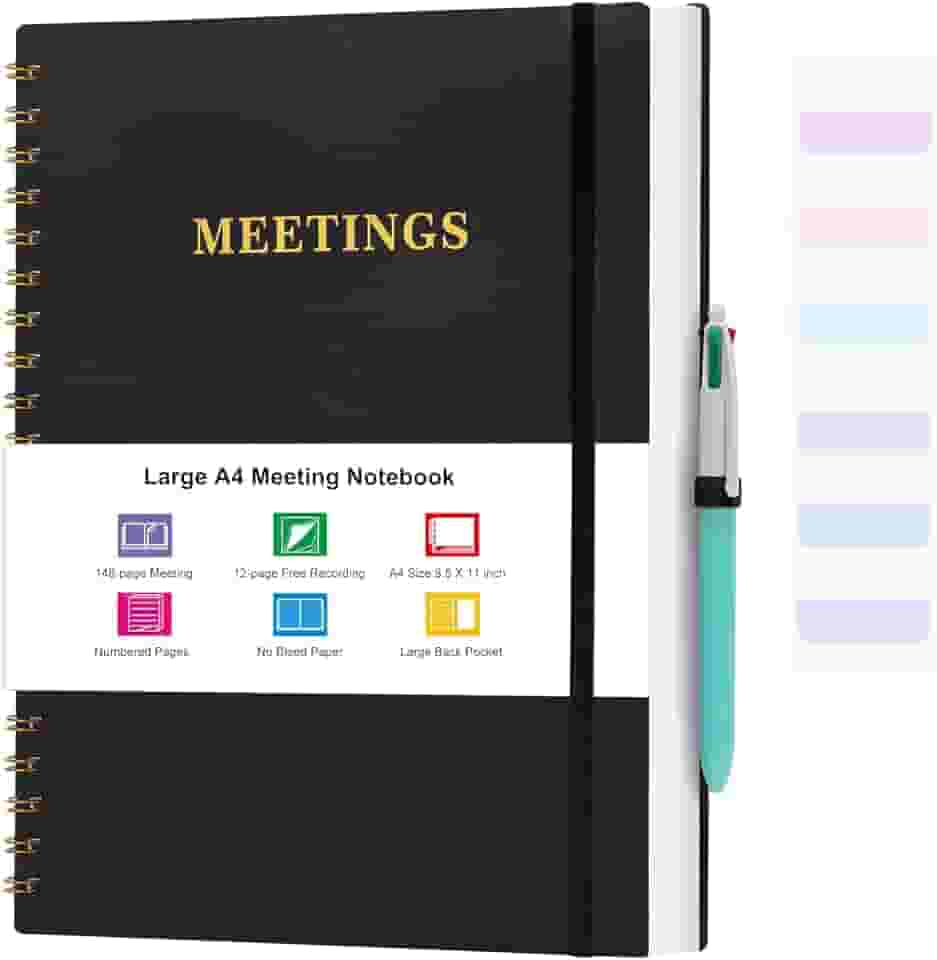 Meeting Notebook for Work, Notebooks for Work 8.5" x 11", Professional Meeting Notes Notebook for Women Men, Large Spiral Notebook with Numbered Page, Sticky Tabs, PVC Pockets for Organization, Black