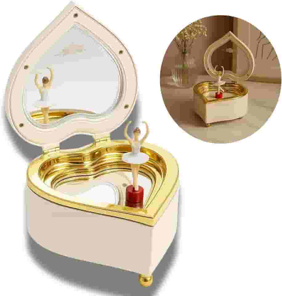 Caixinha de Música Bailarina Clássica, Formato Coração, Melodia Für Elise de Beethoven, Mecanismo de Corda, Cor Creme e Dourado