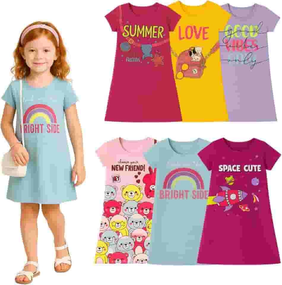 Kit 3 Vestidos Infantil Menina Verão Crianças Manga Curta Dia A Dia Para Sair