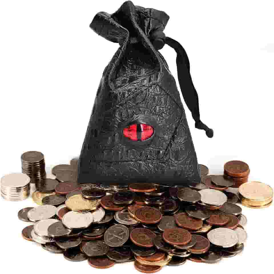 Conjunto de 60 moedas de metal DND com bolsa de couro – fichas de jogos, tesouro pirata, acessórios e adereços para jogos de tabuleiro, Dungeons and Dragons, RPGs de mesa e LARP