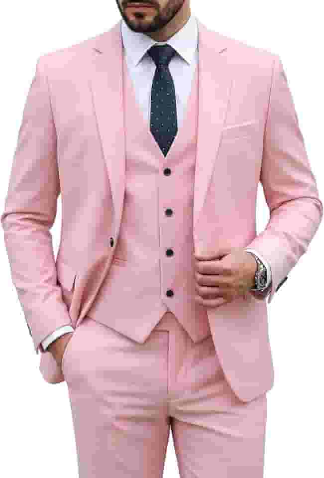 Conjunto de terno masculino slim fit de 3 peças, colete de um botão liso com gravata, Rosa claro, XP