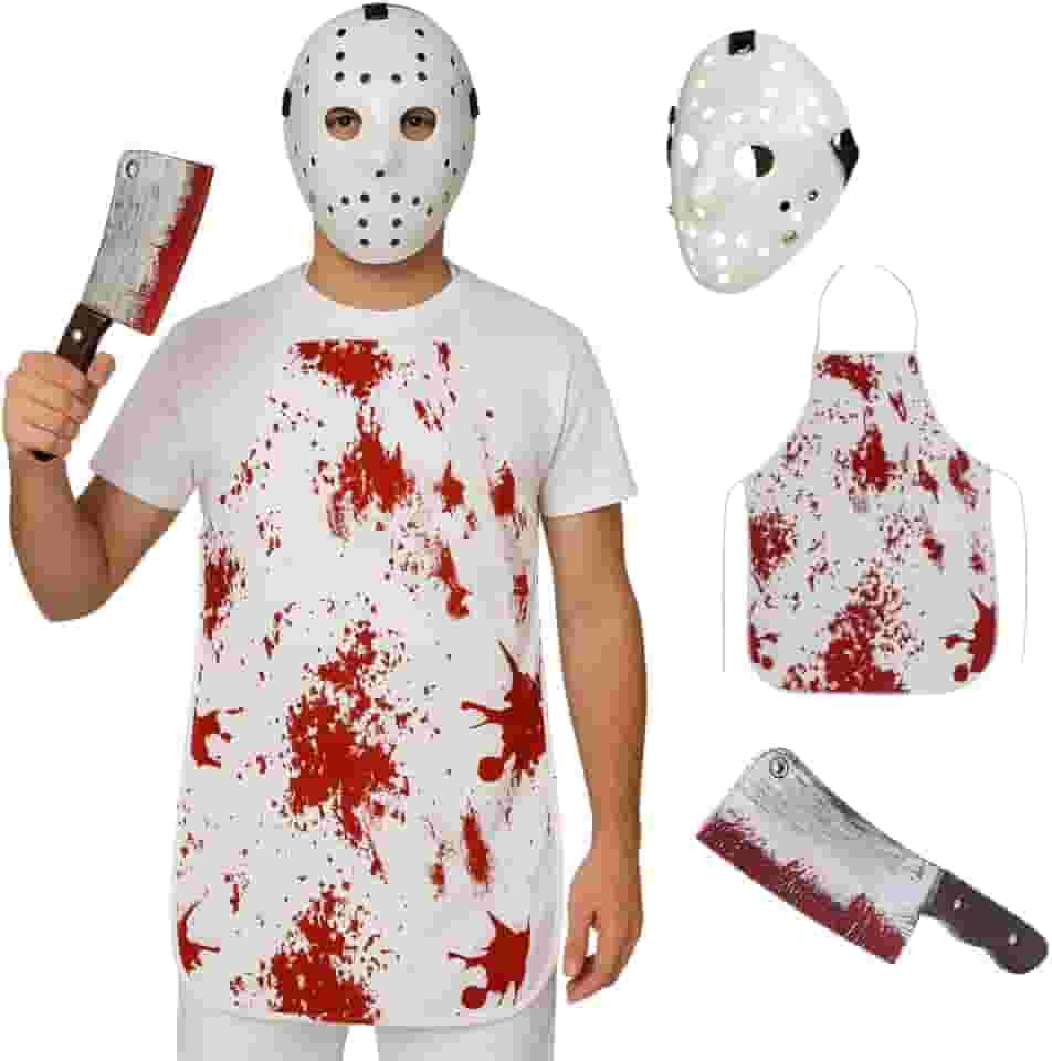 Fantasia Cosplay Jason Halloween Máscara Avental Sangue Faca