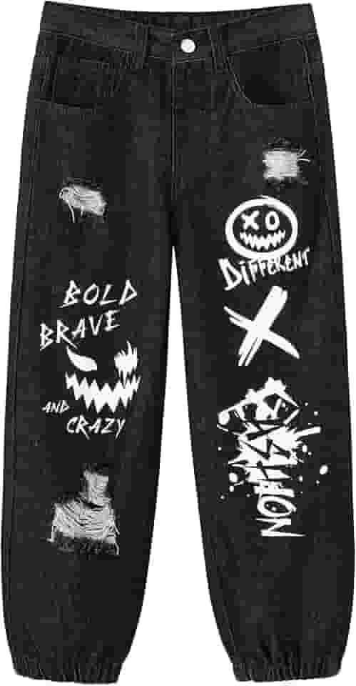 Calça jeans masculina folgada rasgada com letras estampadas para crianças