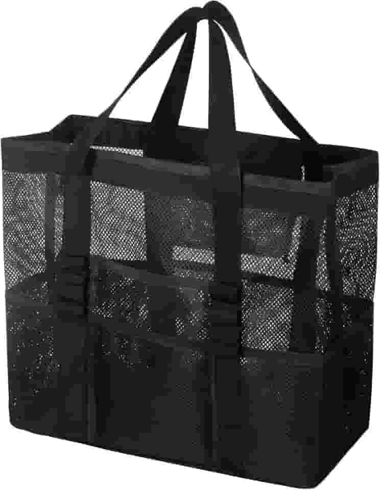 Bolsa de praia grande de malha – Bolsa de praia leve com 9 bolsos, bolsa de praia para mulheres, homens, itens essenciais para a família