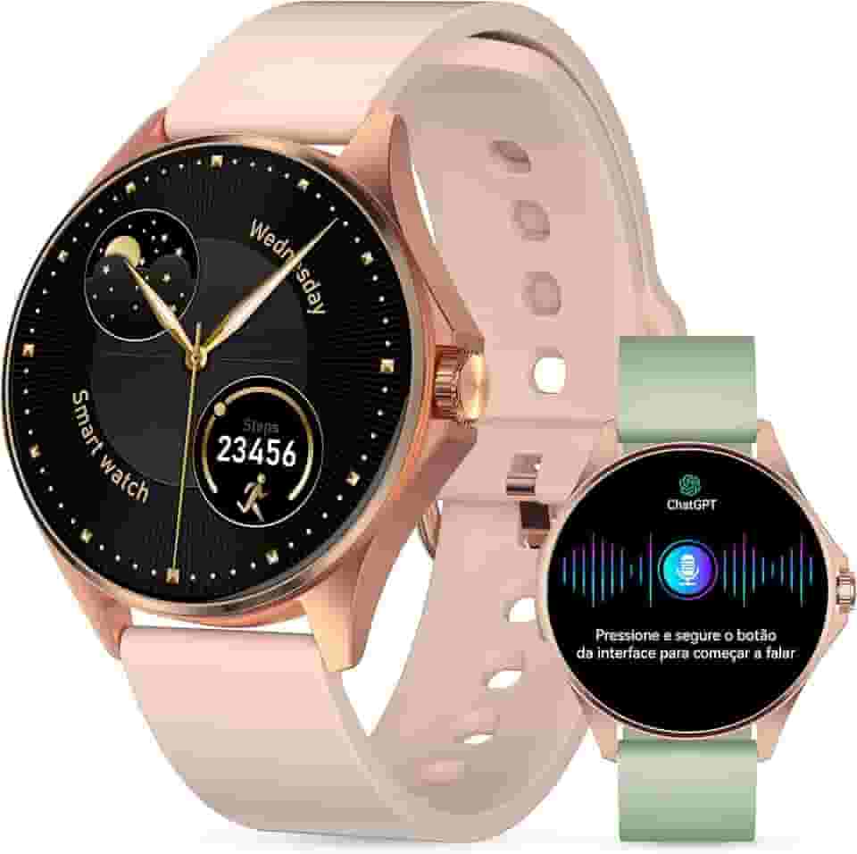Smartwatch Feminino Relógio Inteligente com IA Chatgpt, 1.32’’ AMOLED,iOS Android, IP68 Água, Frequência Cardíaca, Monitor de Sono, 100 Esportes, 2 Pulseiras