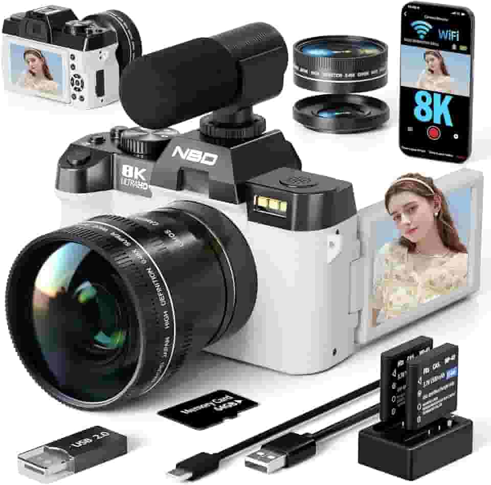Câmeras digitais 8K para fotografia 64MP - foco automático com zoom de 16X, WiFi, tela flip de 180° com lente grande-angular e macro, câmera de vlogging para viagens no YouTube com cartão TF de 64 GB