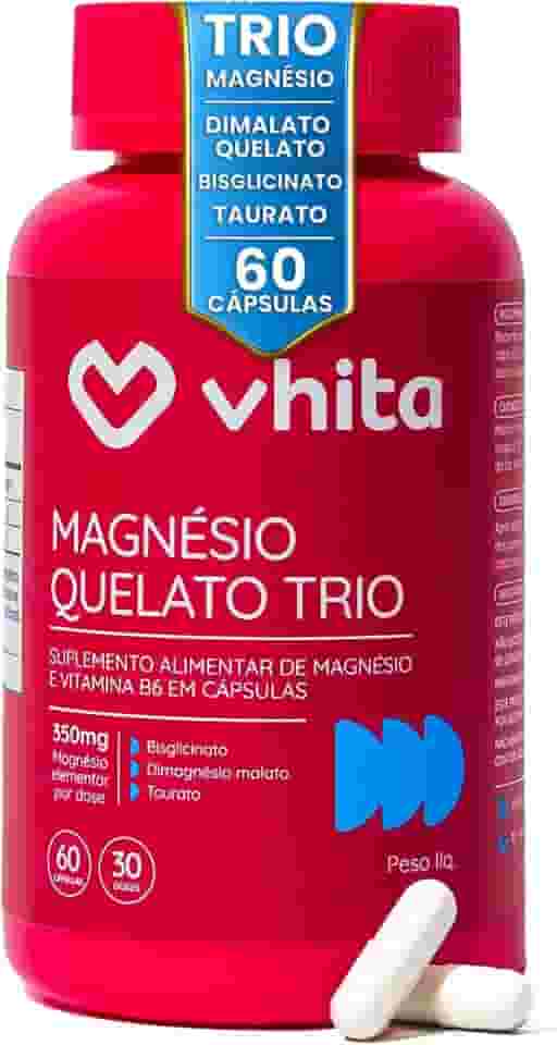 Vhita Magnesio Quelato Trio, Dimalato, Bisglicinato e Taurato, com Vitamina B6, 60 Cápsulas