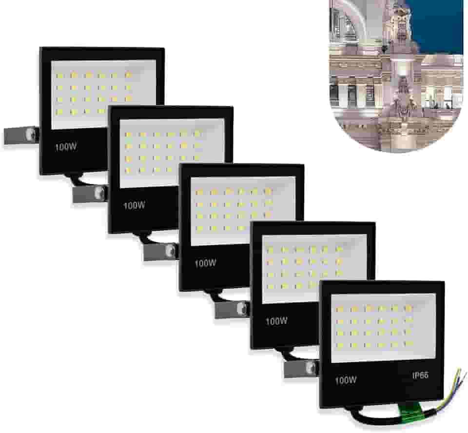 RY Kit 5 Refletores LED SMD 100W Holofote Branco Frio IP66 9000 Lumens 12 cm x 2 cm x 8.9 cm