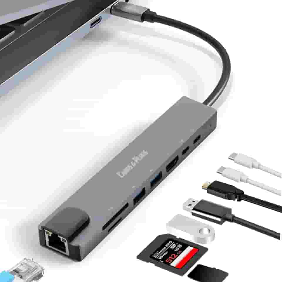 USB C Hub, Cabos & Plugs USB-C com vídeo 4k RJ45 Ethernet Carregamento PD Charger, 2 portas USB 3.0 e leitor de cartões SD/TF, compátivel com Macbook, tablets, celulares