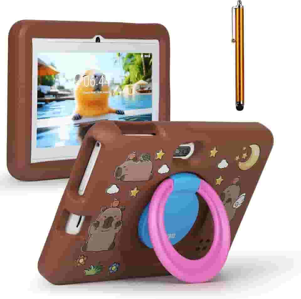 【Aprendizagem com Proteção Ocular】Tablet Infantil, 4+128 GB de Armazenamento Generoso, Enriquecimento em Ortografia, Contagem e Desenho, com Suporte (Castanho)
