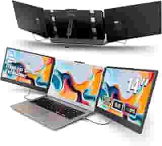 domyfan Extensor de tela de laptop de 14 polegadas, monitor portátil triplo FHD 1080p IPS para laptop, HDMI/USB-A/Tipo-C para Windows, Mac, Android, Chrome, Switch e PS5, funciona com laptops de 13,3