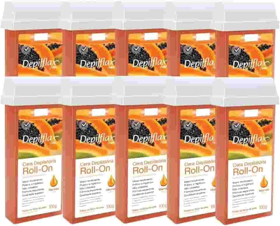 Kit 10 Refil Cera Depilatoria Corporal Profissional Depilação Roll On Depilflax Mamao 100g