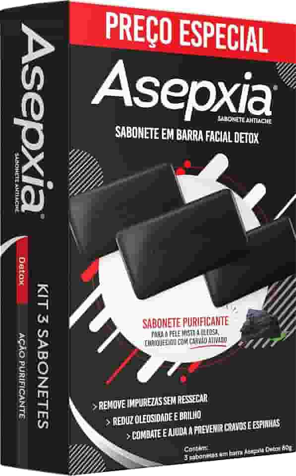 Kit Asepxia Sabonete Em Barra Facial Detox Com Carvão Ativado Antiacne Para Pele Oleosa, Limpeza Profunda E Controle Da Oleosidade, Purifica E Remove Cravos, 80g, 3-Pack