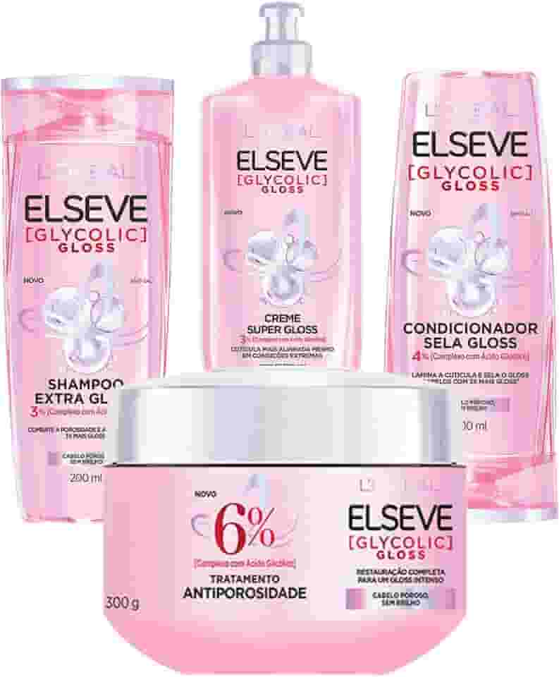 Kit Elseve Glycolic Gloss: Shampoo, Condicionador, Creme Tratamento, Creme Para Pentear - Alto Brilho para Cabelo Danificado e Sem Brilho