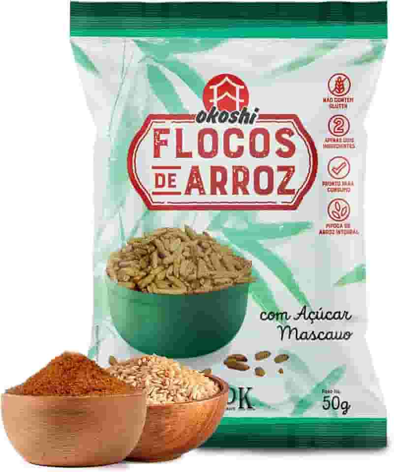 OKOSHI - Flocos de Arroz com Açúcar Mascavo - Snacks Saudáveis de Baixa Caloria, Lanches Fit para a Dieta - Vegano, Sem Glúten, Sem Lactose, Sem Gordura Trans, Kosher - 50g