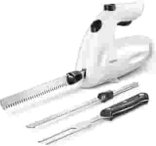 Reemix Faca de entalhe elétrica, conjunto de facas elétricas potentes de 150 W para uso multiuso, operação com um toque, para esculpir carnes, aves, pão, 2 lâminas de entalhe e 1 garfo de servir