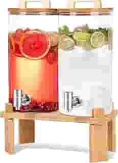Dispensador de Bebidas de 6L, 2 Uunidades, Suqueira de Vidro com Torneira, Suqueira, Dispensador de Bebidas de Vidro com Suporte de Madeira