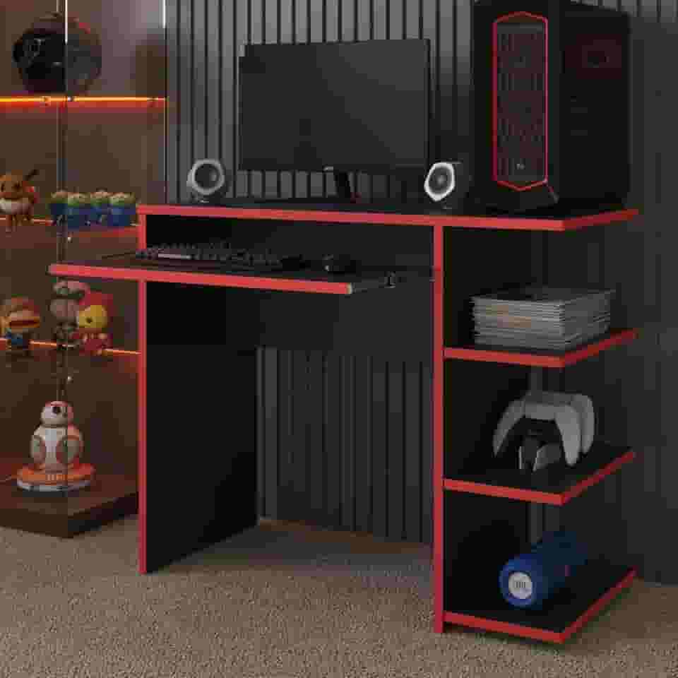 Escrivaninha/Mesa de Computador com 1 Gaveta e Prateleiras Organizadora para Quarto ou Escritório de Estudo Gamer (Preto/Vermelho)