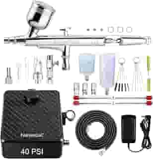 Nasedal Kit de aerógrafo de ação dupla atualizado com compressor de ar 40PSI tinta modelo de escova de ar para maquiagem de unhas de carro, decoração de bolo, arte, desenho, artesanato, tatuagem
