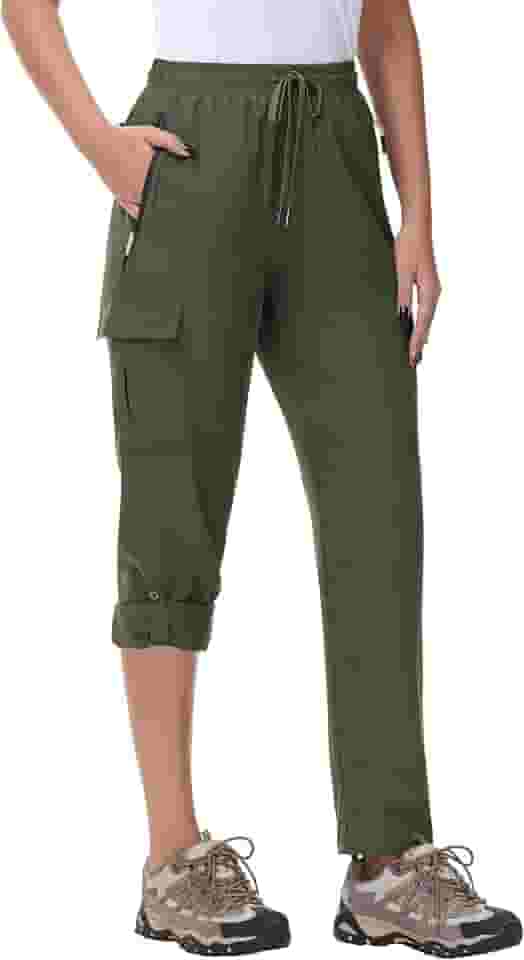 Calça cargo feminina de caminhada de secagem rápida, leve, resistente à água, FPS 50, com bolsos com zíper