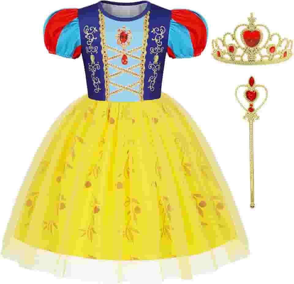 Benylion Vestido de fantasia de princesa da neve para meninas, vestidos de festa de aniversário com varinha de coroa, vestido de tule, roupas de cosplay de Halloween