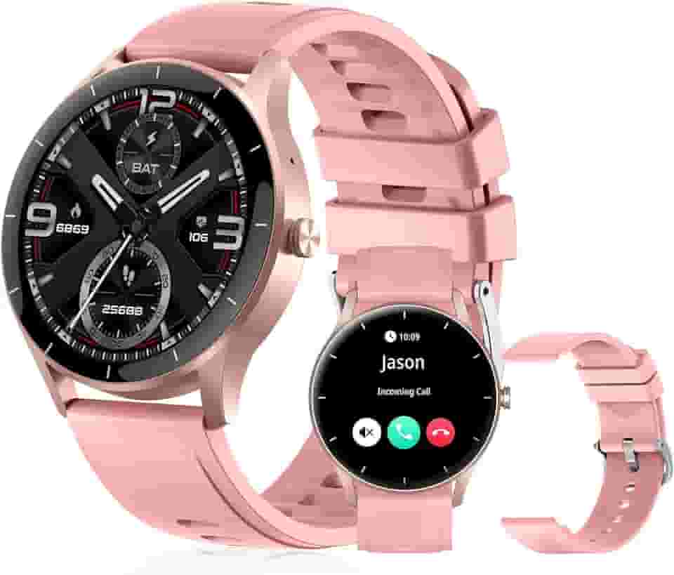 Smartwatch PEJE Relógio Smartwatch com Pulseira Extra - Tela Touch HD 1.28",À Prova d'Água IP68,Faz Chamadas Bluetooth,123+ Modos Esportivos,Bateria de 5-7 Dias,Compatível com iOS/Android.（Rosa）