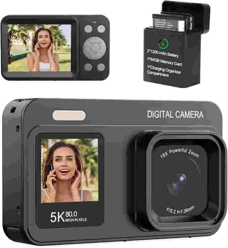 Câmera digital de tela dupla 5K atualizada, câmera fotográfica Vlog de 80 MP para YouTube, campus, viagens, câmera compacta de apontar e fotografar para adolescentes e iniciantes com foco automático