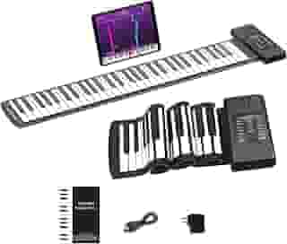 KONIX Piano de enrolar com 61 teclas, piano portátil recarregável com teclado flexível de silicone, saída MIDI, conexão de fone de ouvido, 128 ritmos, melhor presente para crianças e iniciantes