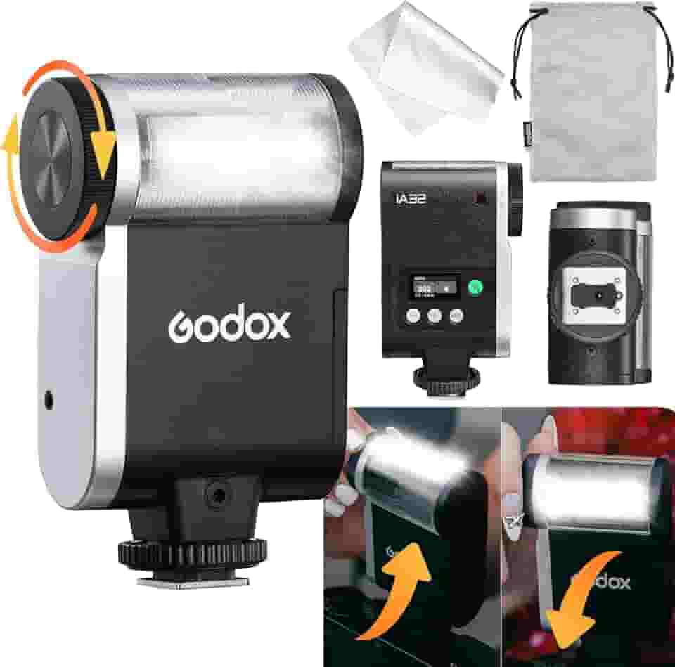 Godox Flash GODOX iA32 Mini câmera flash – Flash automático GN 15, 8 níveis de potência/2,5s Reciclagem/490 tempos de flash/modos automático/manual, mini flash para câmeras Canon/Nikon/Sony/Fuji (não