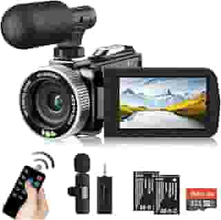 Weochi Câmera de vídeo 4K 48MP 60FPS YouTube com microfone de lapela sem fio e microfone externo para vlogging, tela Ultra HD de 3 polegadas, câmera gravador de vídeo com zoom digital de 18X com