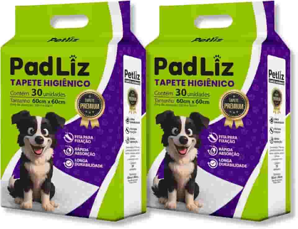 Kit 2 Pacotes Tapete Higiênico para Cachorro Padliz 60cm x 60cm com 30 Unidades Sanitário Super Absorvente Antivazamento Alta Absorção Descartável Premium Atrativo Petliz
