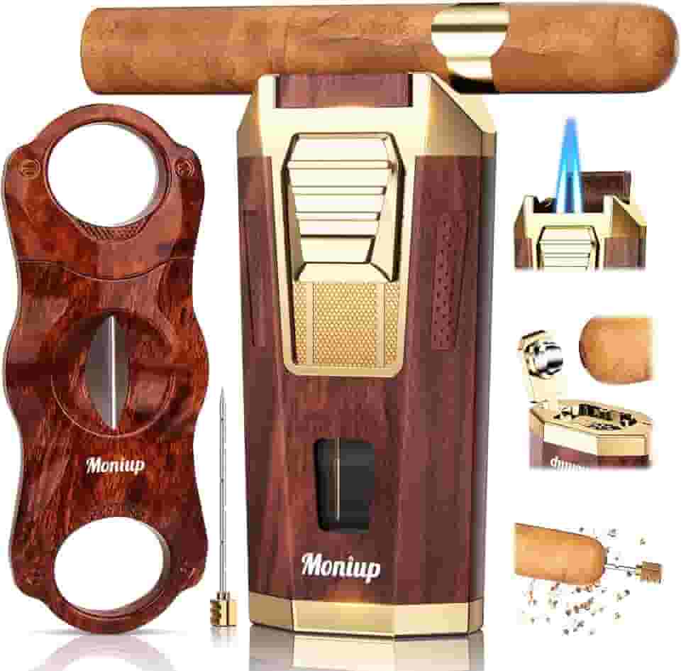 Isqueiro De Maçarico 4 Em 1, Com Conjunto De Cortador De Charuto Em V, Furador De Charuto Integrado, Suporte De Charuto E Intensificador De Tiragem, Acessórios Para Charutos, Presentes Para H